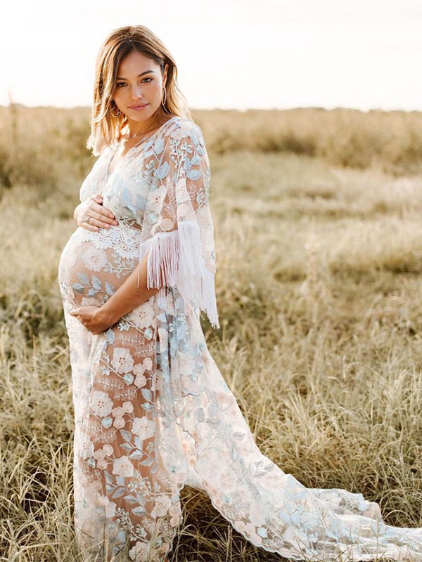 Vestido Premamá Boho De Encaje Con Empalme Borla Bordado Y Cuello En V