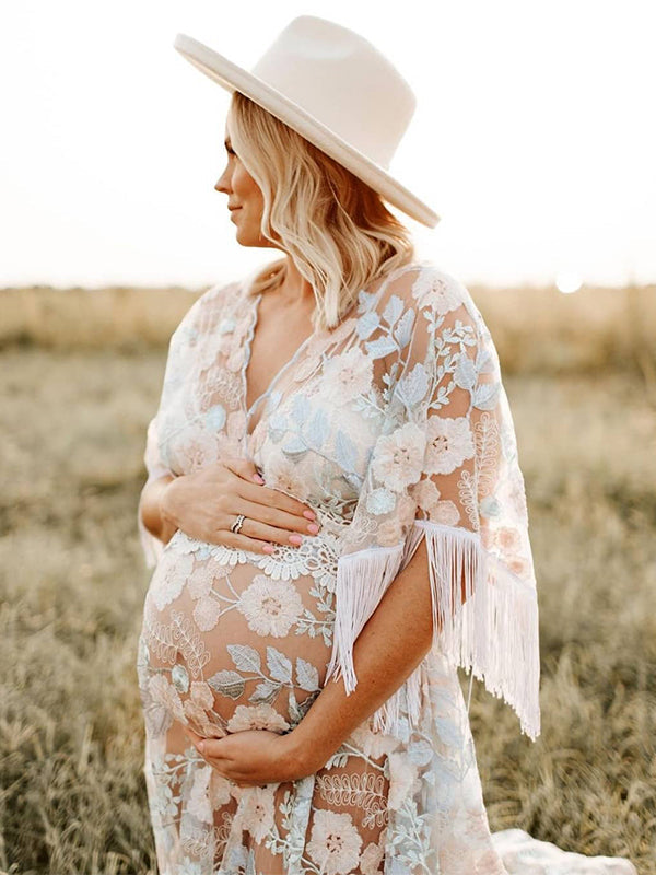 Vestido Premamá Boho De Encaje Con Empalme Borla Bordado Y Cuello En V