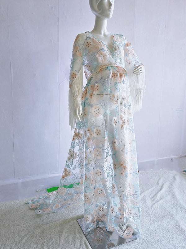 Vestido Premamá Boho De Encaje Con Empalme Borla Bordado Y Cuello En V