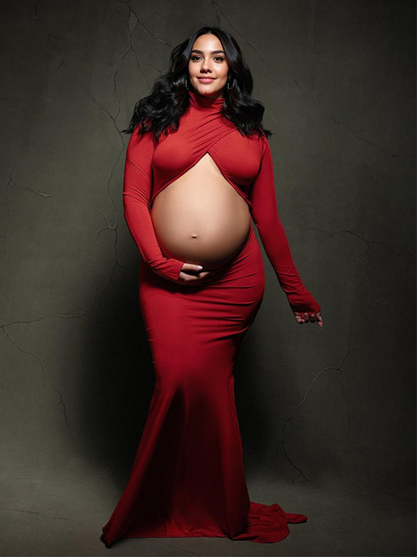 Vestido Largo Maternidad con Cruzado Cultivos y Espalda Descubierta Ajustado para Fotografía