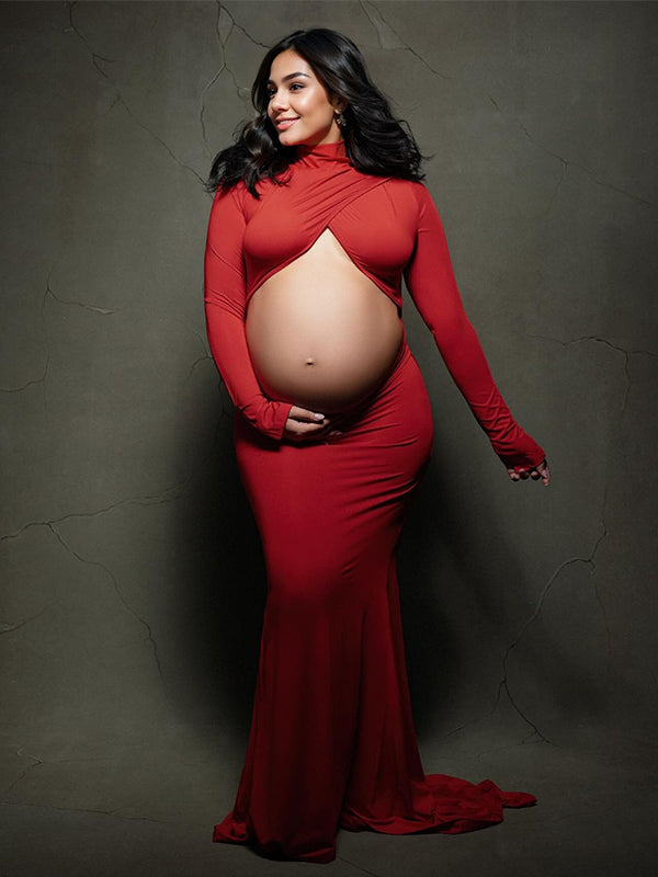 Vestido Largo Maternidad con Cruzado Cultivos y Espalda Descubierta Ajustado para Fotografía
