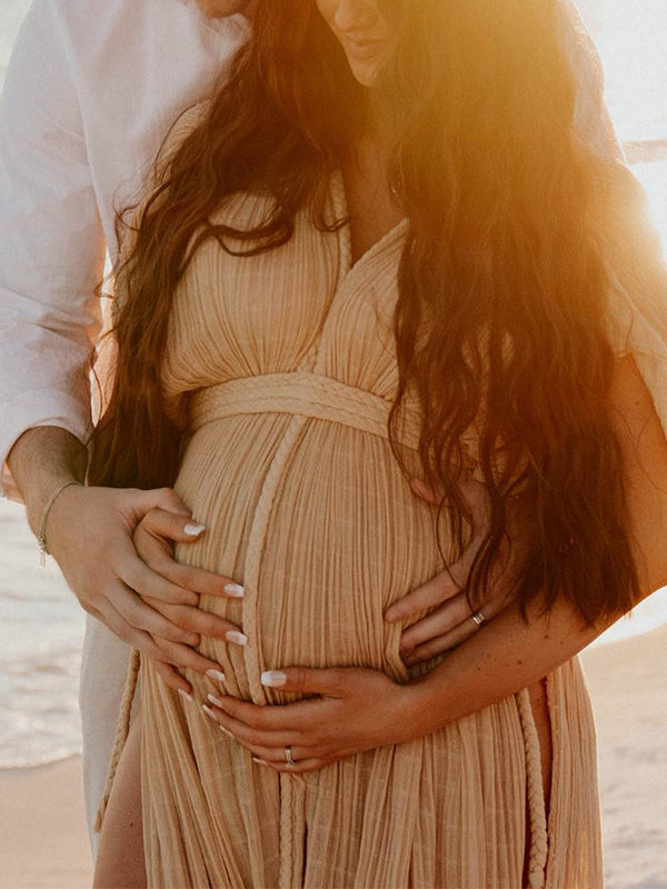 Vestido Premamá para Vacaciones con Cuello En V Sin Espalda y Lino Algodón Bohemia