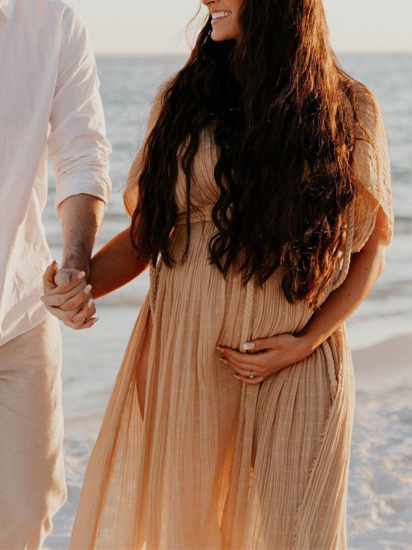 Vestido Premamá para Vacaciones con Cuello En V Sin Espalda y Lino Algodón Bohemia