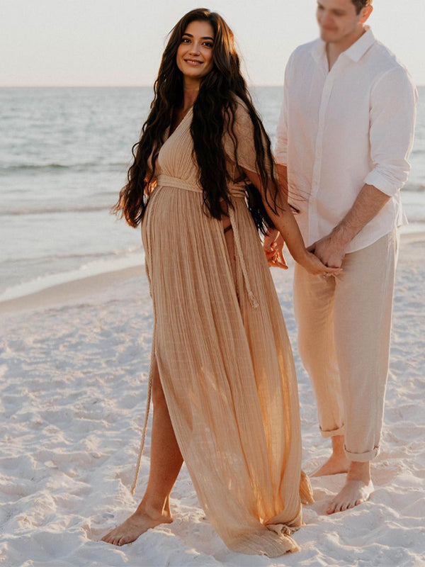 Vestido Premamá para Vacaciones con Cuello En V Sin Espalda y Lino Algodón Bohemia