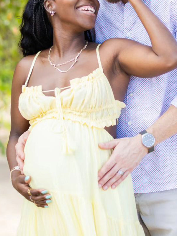 Vestido Largo con Volantes y Espalda Descubierta para Baby Shower y Maternidad