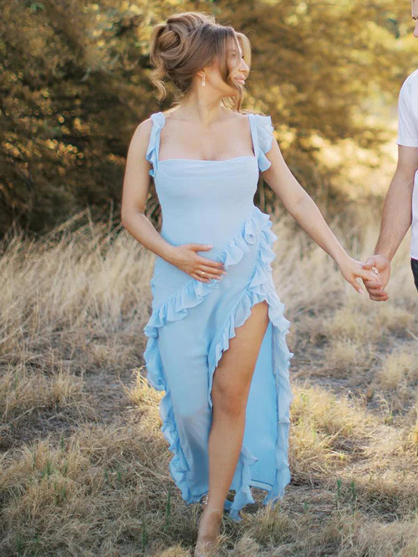 Volantes Abertura Lateral Camiseta De Tirantes Cuello Cuadrado Elegant Fotografía Maternidad Vestido Largo