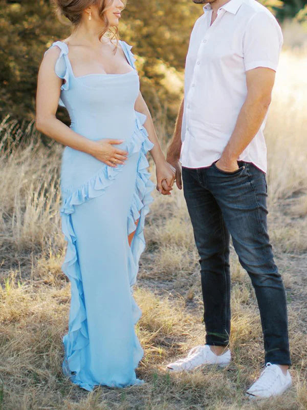 Volantes Abertura Lateral Camiseta De Tirantes Cuello Cuadrado Elegant Fotografía Maternidad Vestido Largo