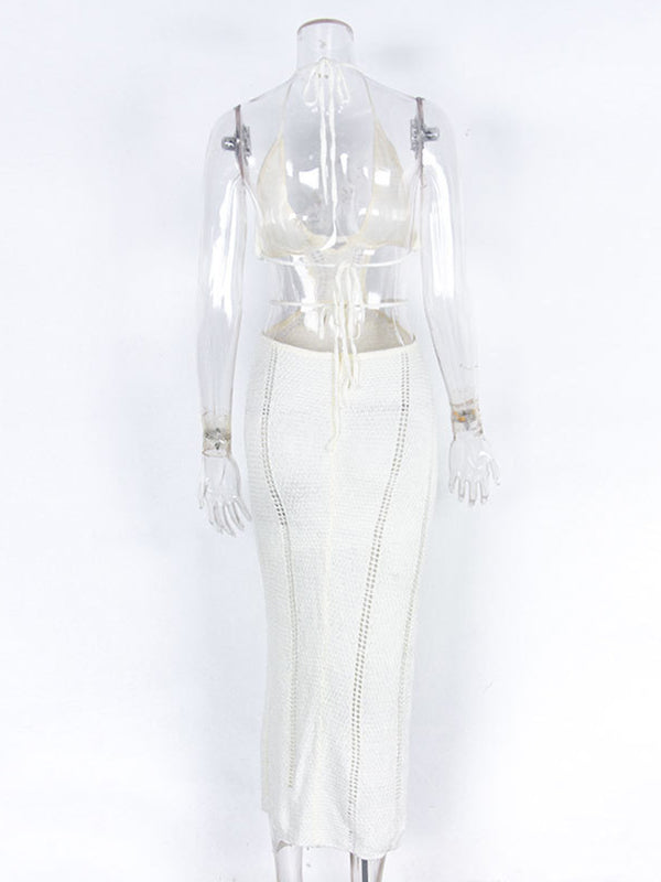 Vestido Chic de Vacaciones con Cuello Halte y Cinturón en Ganchillo para Fotografía de Maternidad