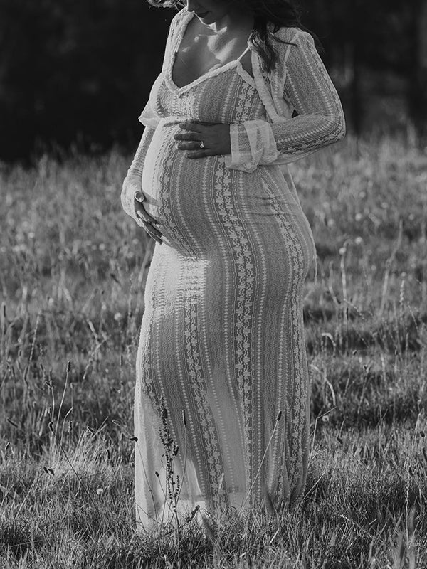 Albaricoque Encaje Juego De Dos Piezas Abertura Lateral Cuello en V Fotografía Maternidad Vestido Largo