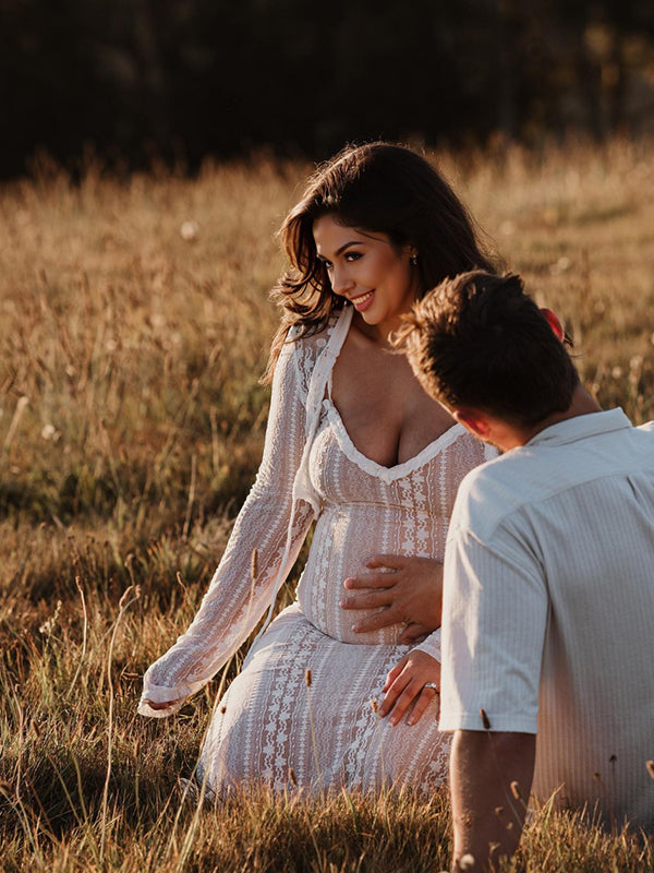 Albaricoque Encaje Juego De Dos Piezas Abertura Lateral Cuello en V Fotografía Maternidad Vestido Largo