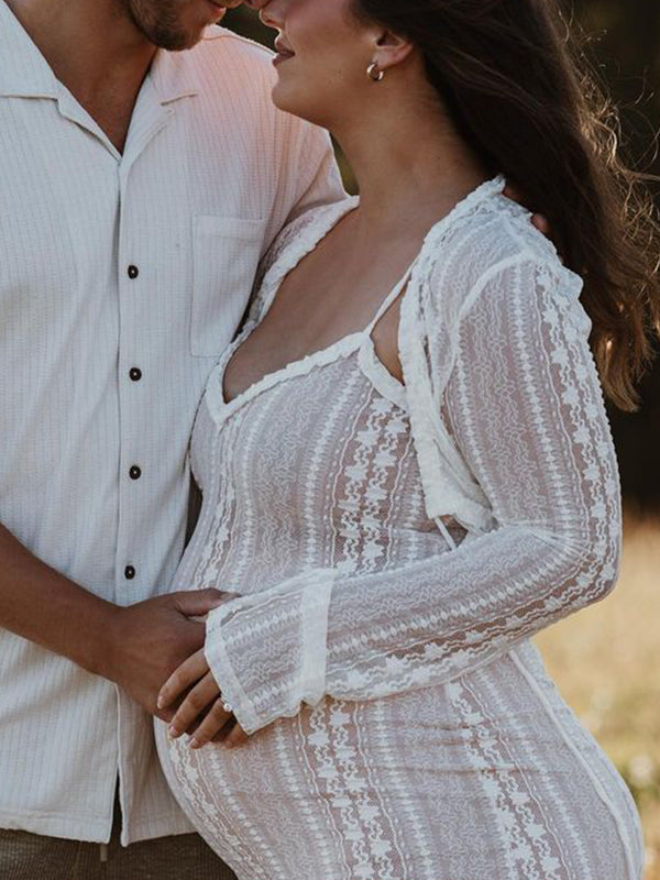 Albaricoque Encaje Juego De Dos Piezas Abertura Lateral Cuello en V Fotografía Maternidad Vestido Largo