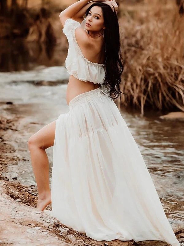 Liso Bohemio Sin Hombros Espalda Descubierta Volantes 2-in-1 Manga Raglán Abertura Lateral Fotografía Maternidad Vestido Largo