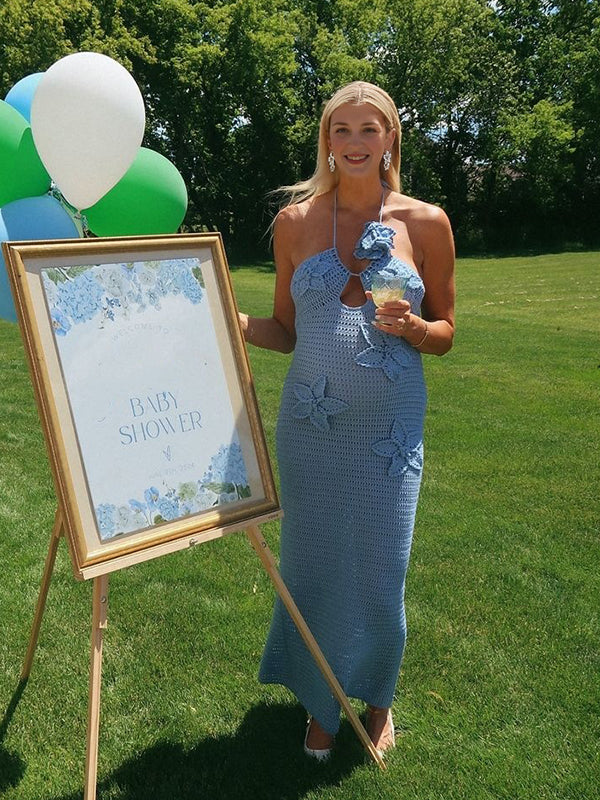 Vestido Elegante Ajustado con Cuello Halter y Flores 3D en Ganchillo Vacío para Baby Shower