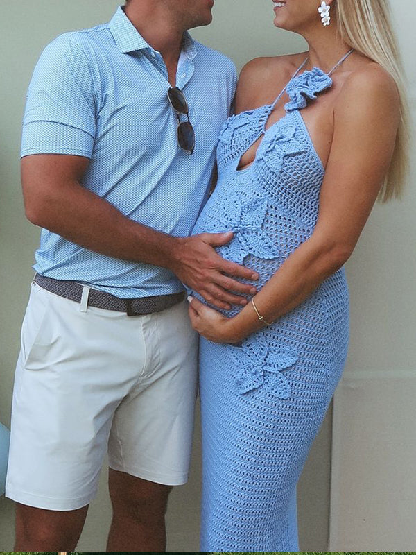 Vestido Elegante Ajustado con Cuello Halter y Flores 3D en Ganchillo Vacío para Baby Shower