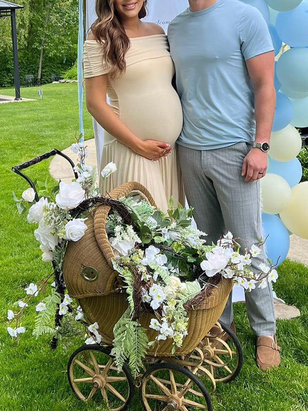 Albaricoque Sin Hombros Acanalado Plisado Big Swing Maxivestido De Maternidad Para Baby Shower