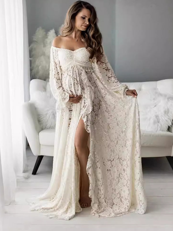 Bohemio Encaje Hombros Descubiertos Lace Borla Cultivos Conjunto De Dos Piezas Abertura Volantes Vestidos Largo De Foto De Maternidad