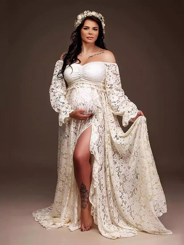 Bohemio Encaje Hombros Descubiertos Lace Borla Cultivos Conjunto De Dos Piezas Abertura Volantes Vestidos Largo De Foto De Maternidad
