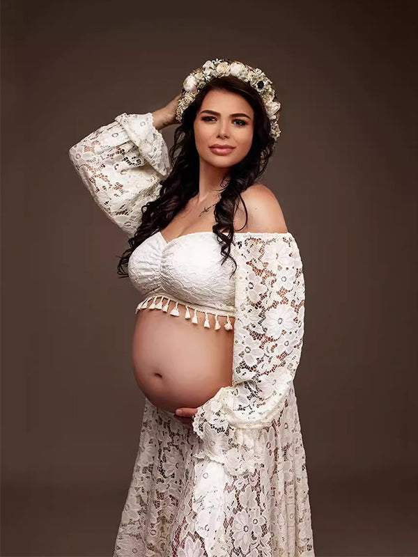 Bohemio Encaje Hombros Descubiertos Lace Borla Cultivos Conjunto De Dos Piezas Abertura Volantes Vestidos Largo De Foto De Maternidad