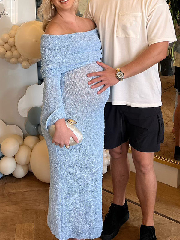 Azul De Punto Hombros Descubiertos Ajustado Manga Acampanad Elegante Vestidos Largo Para Baby Shower
