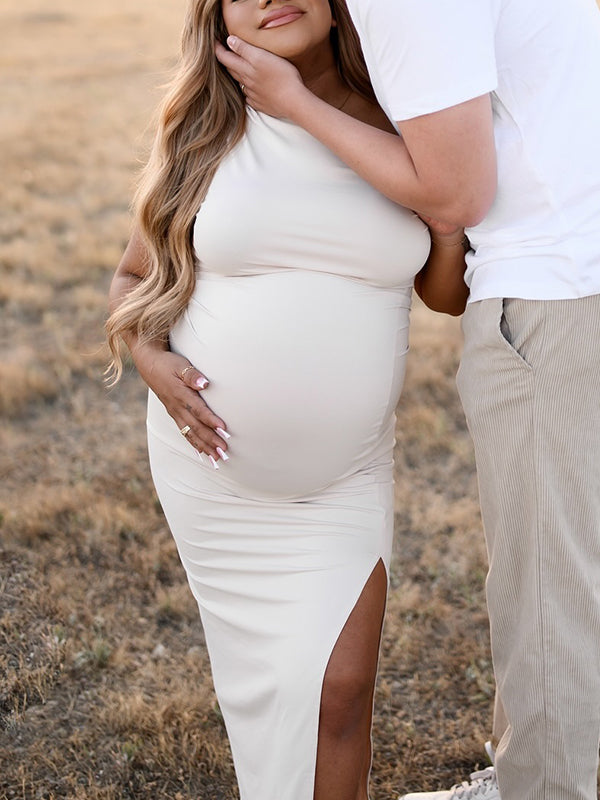 Vestido Premamá Elegante con Corte Asimétrico y Detalle en el Hombro para Baby Shower