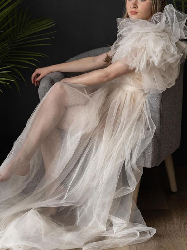 Vestido Maxi Maternidad De Tul Tutu Un Hombro Volantes Malla Para Fotos