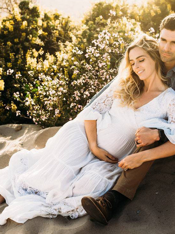 Vestido Largo De Premama Con Encaje Y Volantes Para Embarazadas Sesión De Fotos