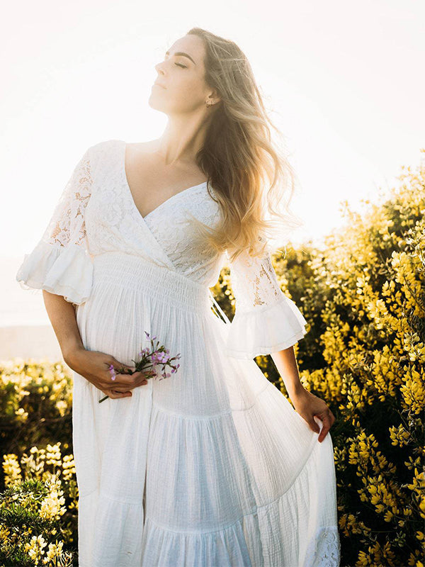 Vestido Largo De Premama Con Encaje Y Volantes Para Embarazadas Sesión De Fotos