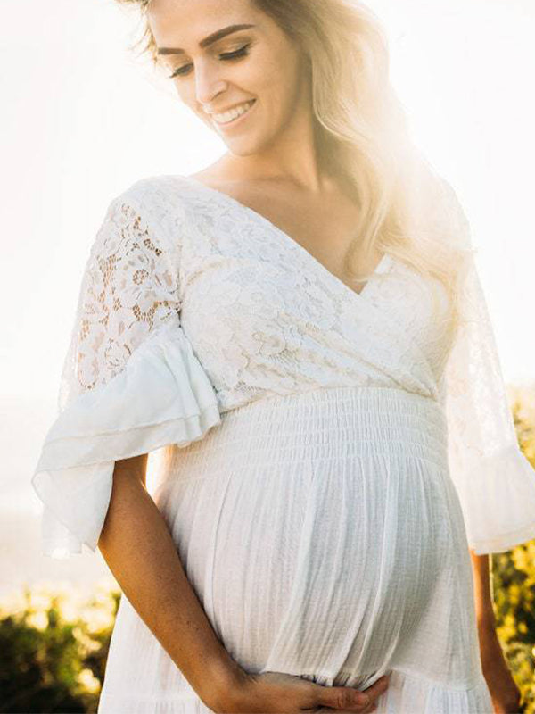 Vestido Largo De Premama Con Encaje Y Volantes Para Embarazadas Sesión De Fotos