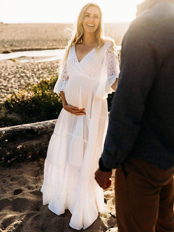 Vestido Largo De Premama Con Encaje Y Volantes Para Embarazadas Sesión De Fotos