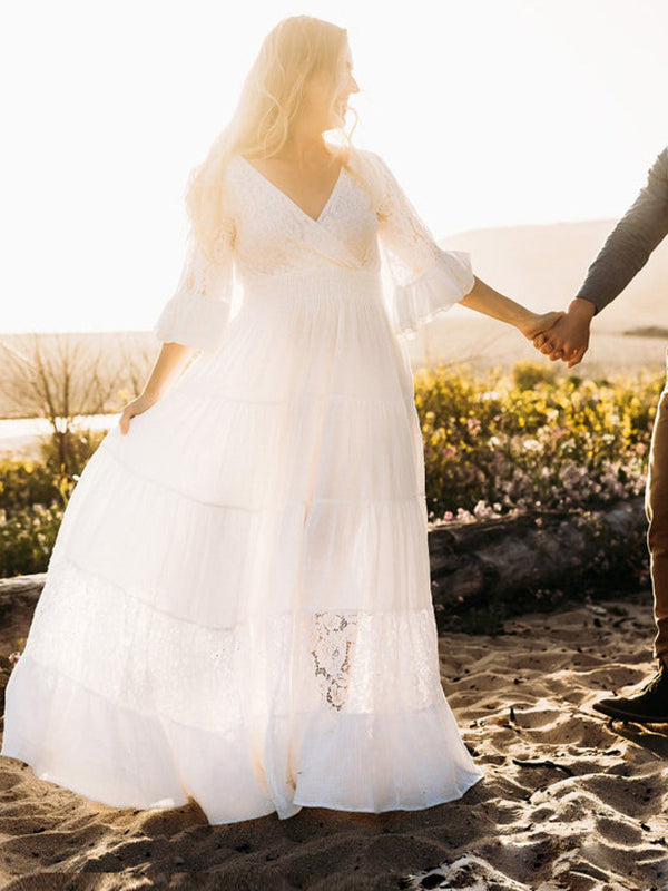 Vestido Largo De Premama Con Encaje Y Volantes Para Embarazadas Sesión De Fotos