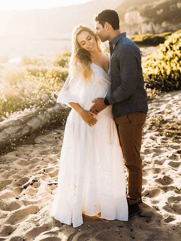 Vestido Largo De Premama Con Encaje Y Volantes Para Embarazadas Sesión De Fotos