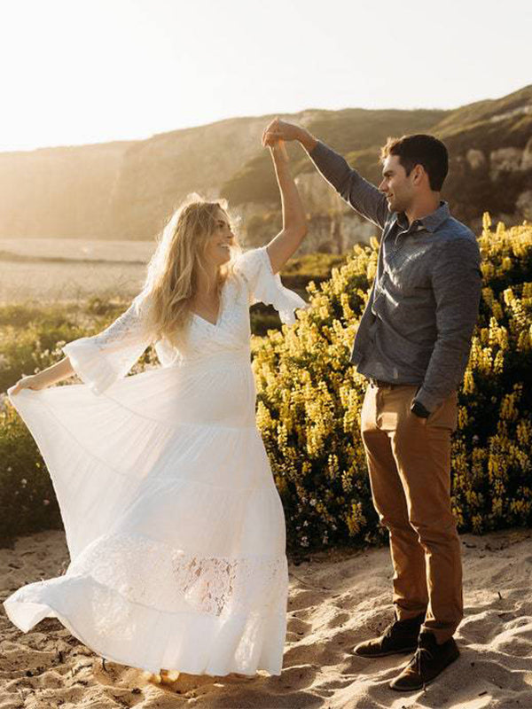 Vestido Largo De Premama Con Encaje Y Volantes Para Embarazadas Sesión De Fotos