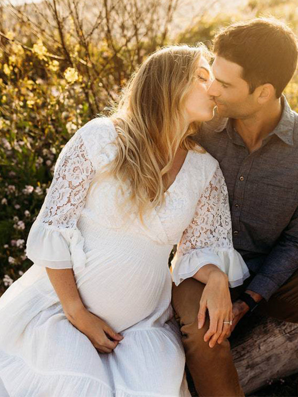 Vestido Largo De Premama Con Encaje Y Volantes Para Embarazadas Sesión De Fotos