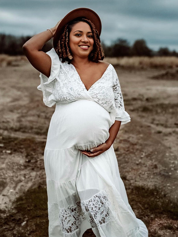 Vestido Largo De Premama Con Encaje Y Volantes Para Embarazadas Sesión De Fotos