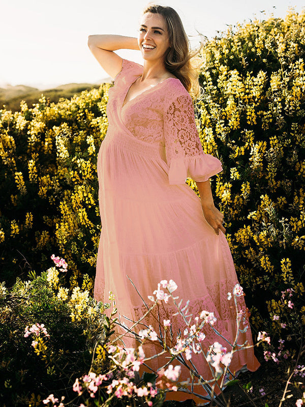 Vestido Largo De Premama Con Encaje Y Volantes Para Embarazadas Sesión De Fotos