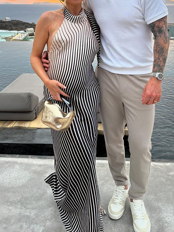 Vestido Maxi Maternidad De Satén Rayas Cuello Halter y Sin Mangas
