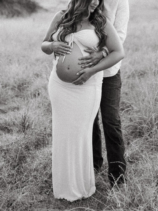 Vestido Maxi De Maternidad 2 En 1 Con Escote Bandeau Y Corte Entallado Para Sesión De Fotos