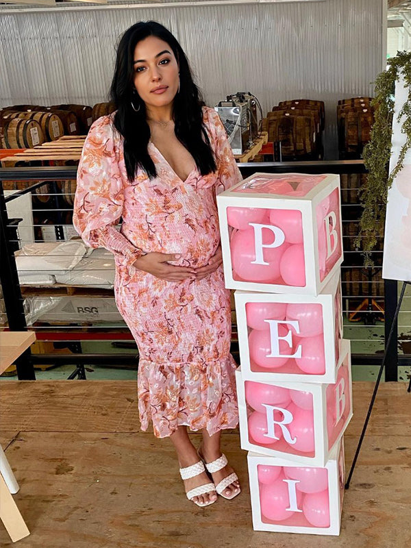 Vestido Largo Para Baby Shower Maternidad Floral Smocked y Escote en V