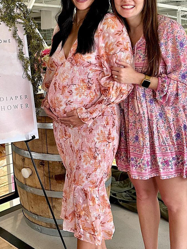 Vestido Largo Para Baby Shower Maternidad Floral Smocked y Escote en V