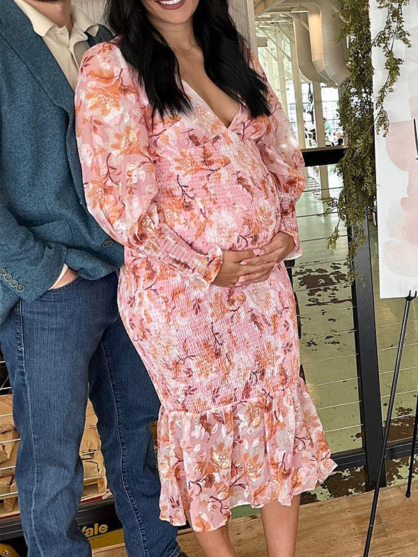 Vestido Largo Para Baby Shower Maternidad  Floral Smocked y Escote en V