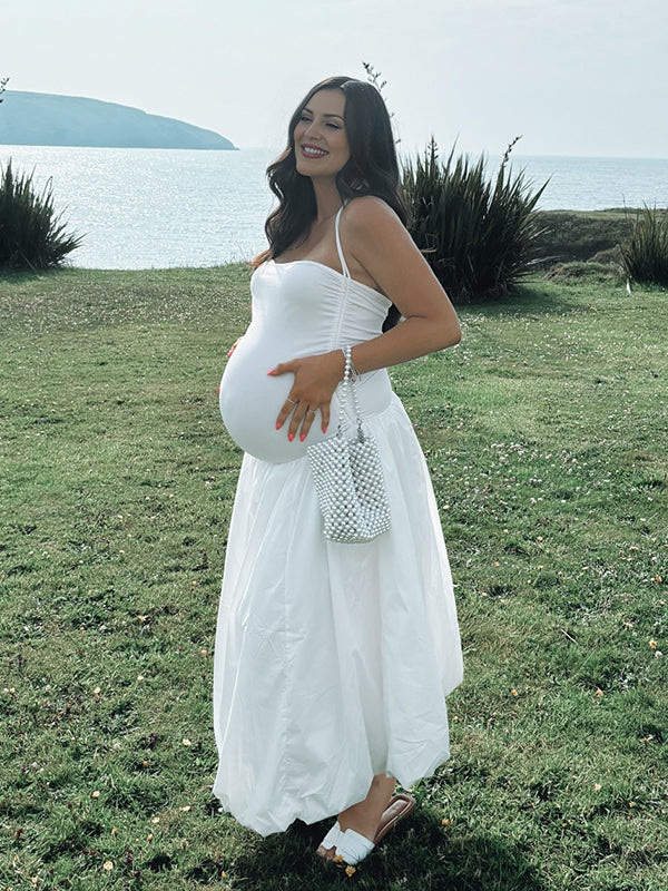 Color Sólido Acanalado Anudado Correa Ajustable Bolsillos Big Swing Para Baby Shower Maternidad Vestido Largo