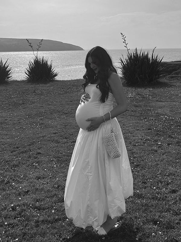 Color Sólido Acanalado Anudado Correa Ajustable Bolsillos Big Swing Para Baby Shower Maternidad Vestido Largo