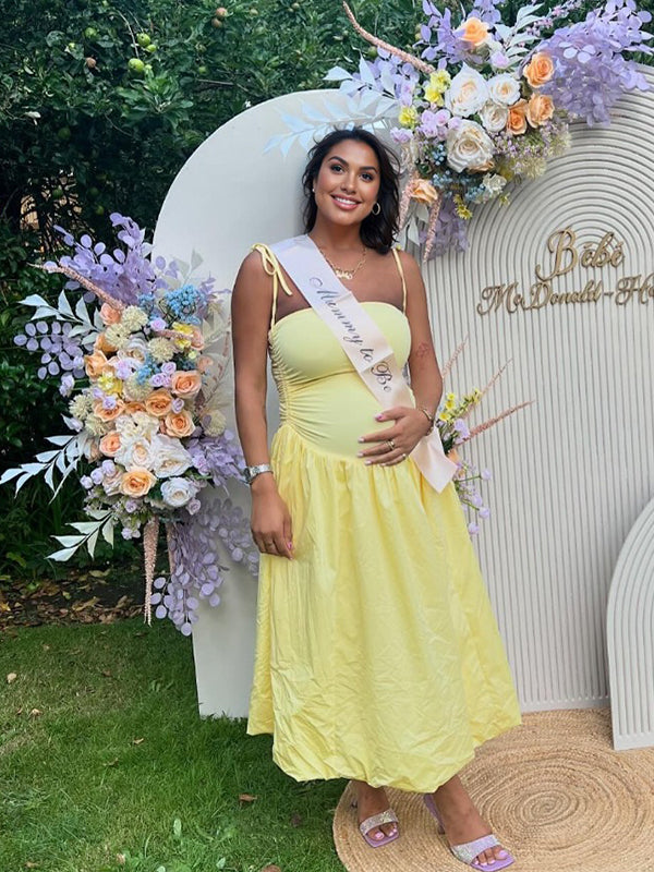 Color Sólido Acanalado Anudado Correa Ajustable Bolsillos Big Swing Para Baby Shower Maternidad Vestido Largo