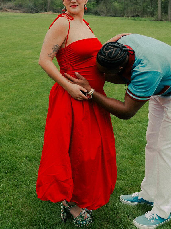 Color Sólido Acanalado Anudado Correa Ajustable Bolsillos Big Swing Para Baby Shower Maternidad Vestido Largo