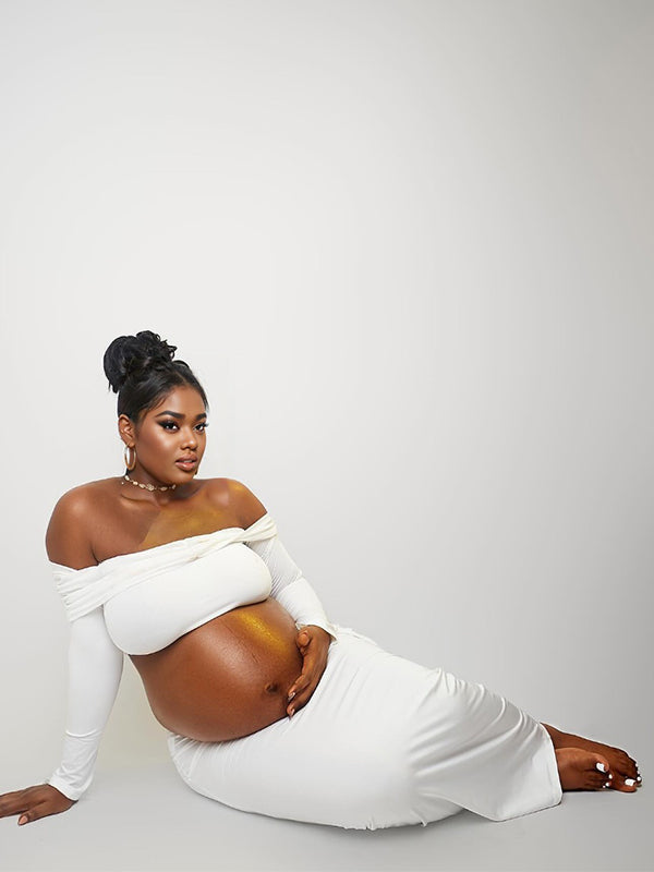 Vestido Lagro De Premama Con Hombros Descubiertos Y Volantes Para Sesión De Fotos