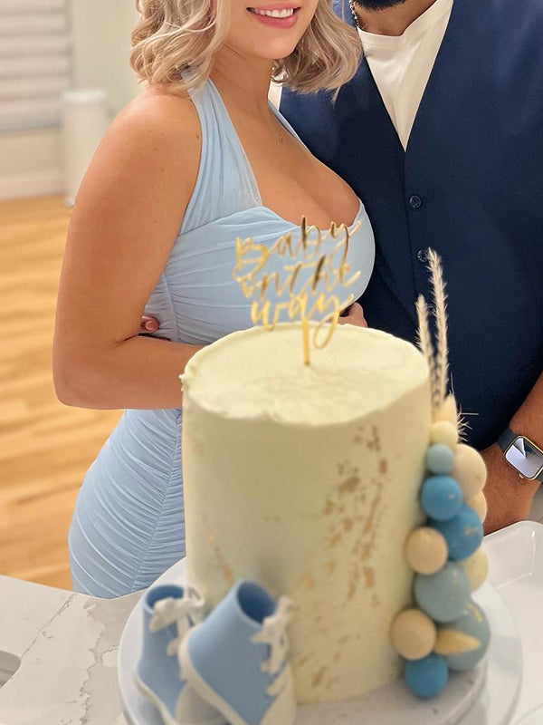 Vestido Largo De Maternidad Con Escote Halter De Tul Y Volantes Para Baby Shower