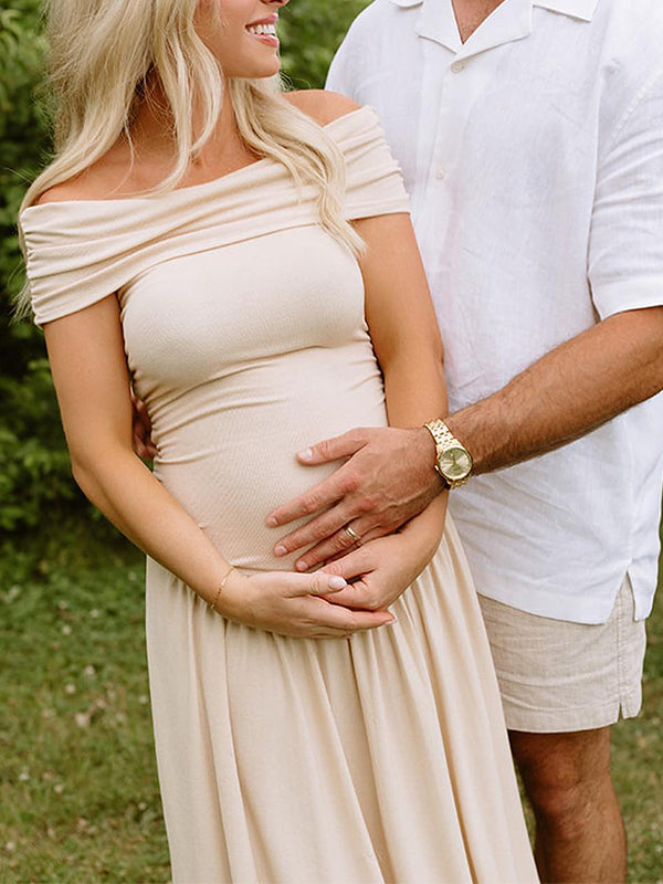 Albaricoque Sin Hombros Acanalado Espalda Descubierta Elegante Para Baby Shower Fotografía Maternidad Vestido Largo