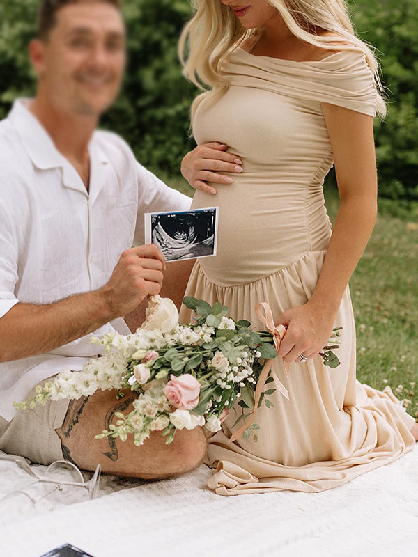 Albaricoque Sin Hombros Acanalado Espalda Descubierta Elegante Para Baby Shower Fotografía Maternidad Vestido Largo