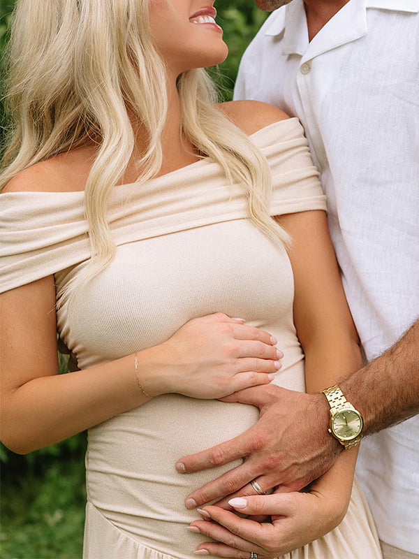Albaricoque Sin Hombros Acanalado Espalda Descubierta Elegante Para Baby Shower Fotografía Maternidad Vestido Largo