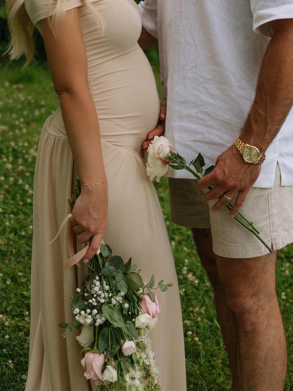 Albaricoque Sin Hombros Acanalado Espalda Descubierta Elegante Para Baby Shower Fotografía Maternidad Vestido Largo